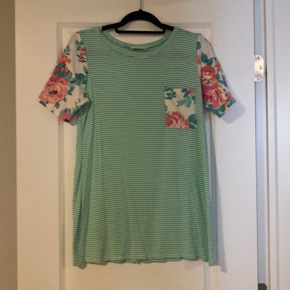 Turquoise Stripe and Floral Sleeve Cotton Shirt